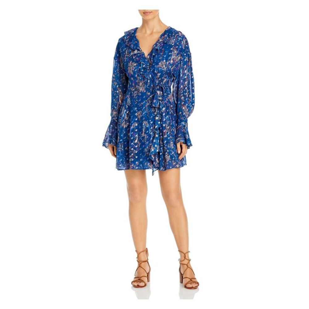 IRO Womens Blue Paisley Long Sleeve Surplice Neckline Short Wrap Dress 36 - Picture 1 of 2